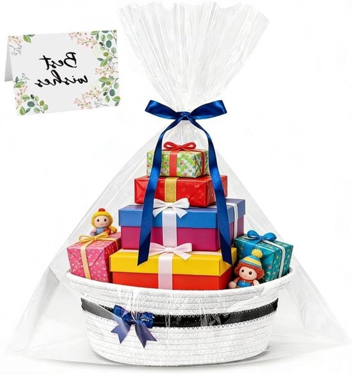 Lege Cadeaumand - Geschenkmand Opbergmand - Cadeaus Inpakken - Compleet met Folie en Strik - 30x20x12 cm - Wit-zwart