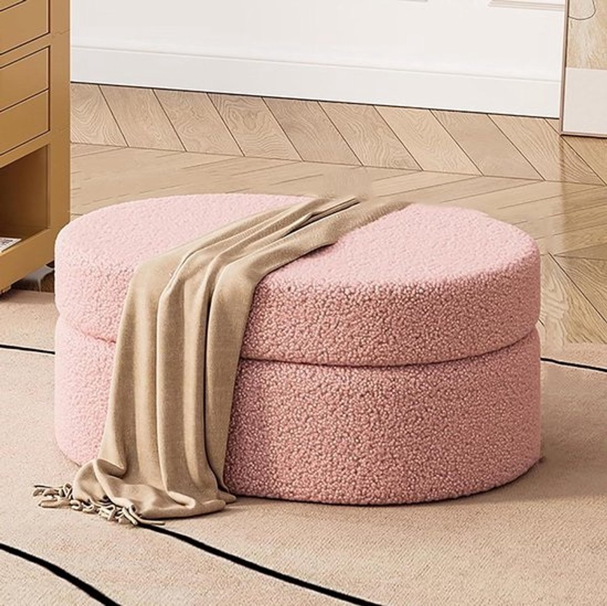 Sherpa Poef Bank - Opbergkruk Zetel - Woonruimte Aankleden - Veelzijdig Opbergmeubel - 40cm Diameter - Roze