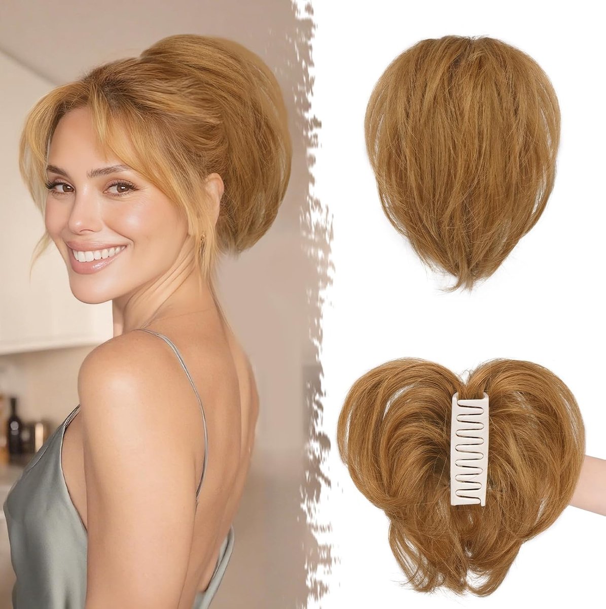Korte Ponytail Extension van Echte Haar met Buigbare Metalen, 20cm Claw Clip voor Dikke Natuurlijke Auburn Bruine Messy Bun en DIY Stijlen voor Vrouwen