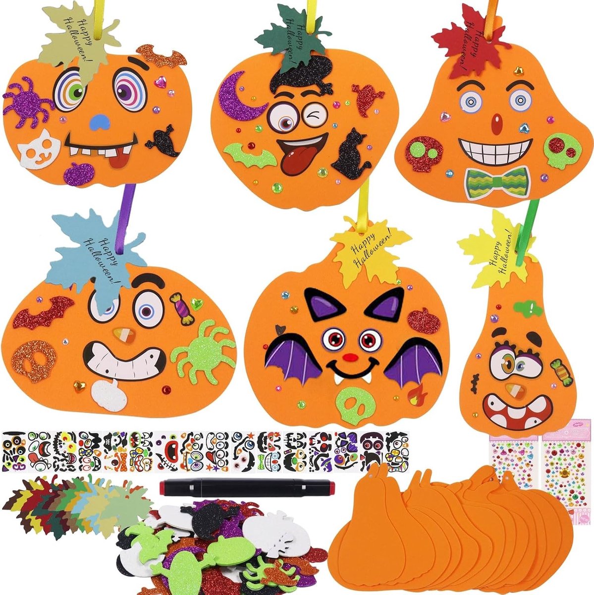 Creatieve Halloween Knutselprojecten voor Kinderen, 12 Stuks DIY Pompoen Decoraties, Herfst Knutselsets met Stickers en Schuimpompoenen