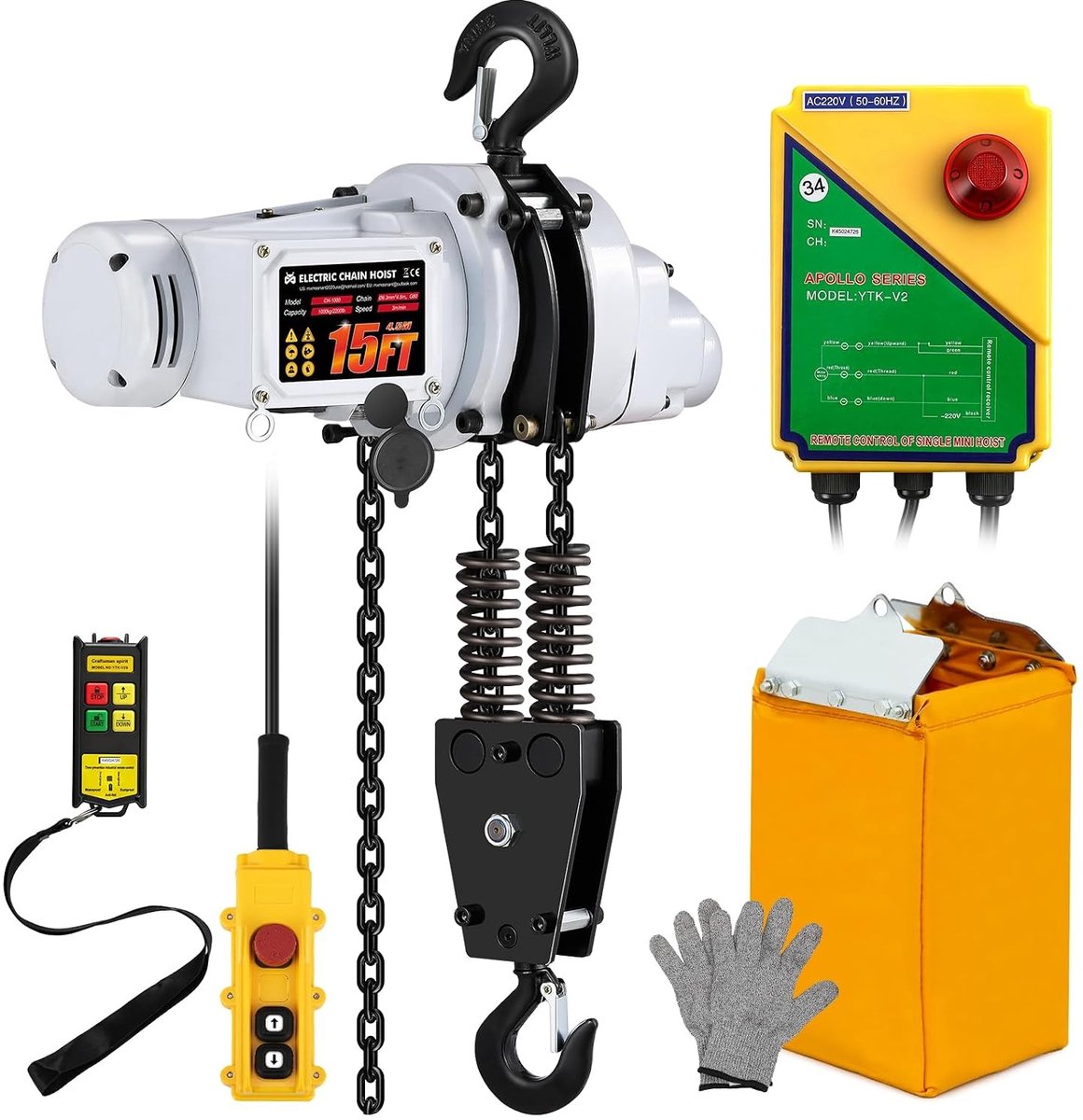 1000 kg elektrische kettingtakel met 4,5 m hefhoogte, 100 m draadloze en 6 m bedrade bediening, E-stop en 1300 W G80 staal ketting