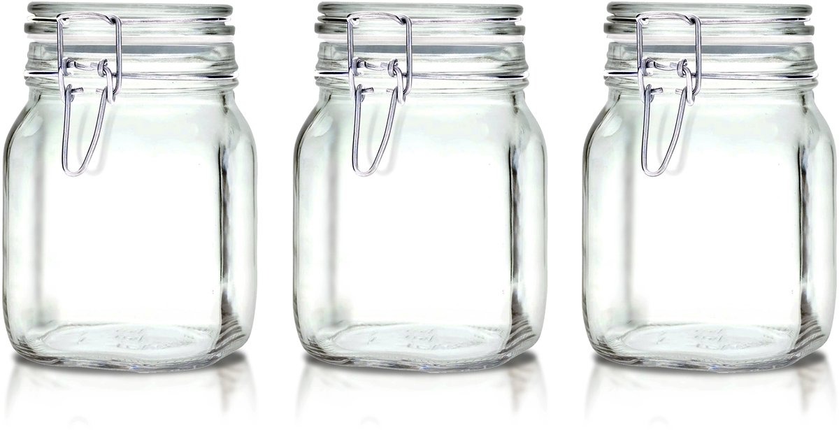 Weckpotten 1 Liter Set (3x 1000ml) | Extra Dik Gehard Glas | Luchtdichte Beugelsluiting & Rubberen Ring | Italiaanse Topkwaliteit | Stevig & Voedselveilig | Ideaal voor pasteuriseren, steriliseren, wecken, fermenteren & bewaren | Made in Italy
