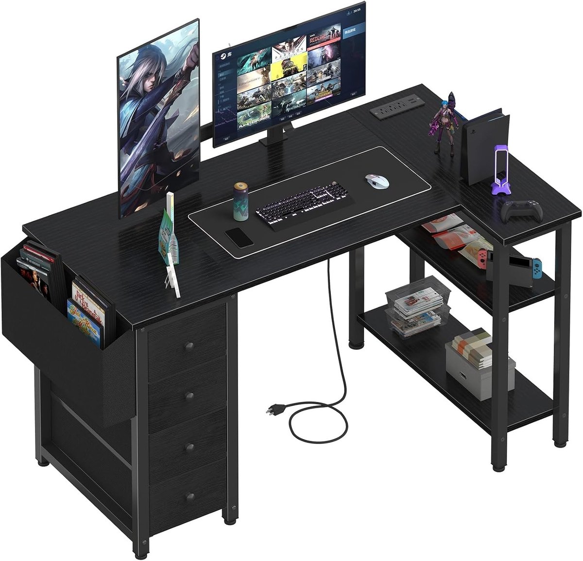 L-vormige Gaming Bureau met Laden en Opbergrekken, 120cm Hoek Computer Bureau voor Thuiswerk, Slaapkamer en tieners met Fabric Tray, Zwart