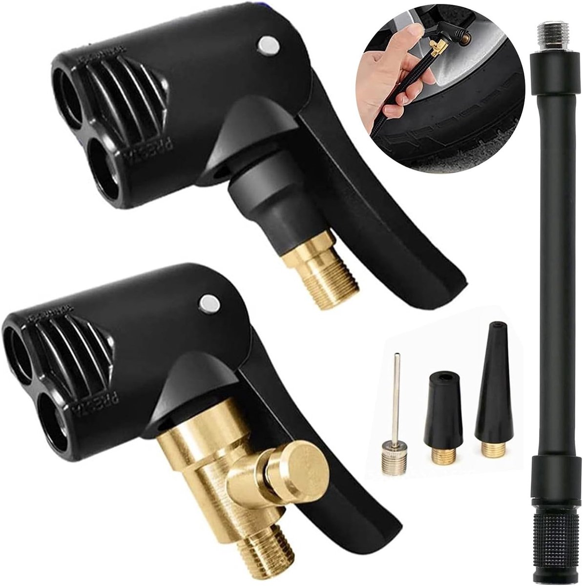 2 Stuks Messing Ventieladapter voor Auto, Fiets en Motor - Luchtpomp Ventielplug met Clip en Draadafdichtingen voor Bandenventielen