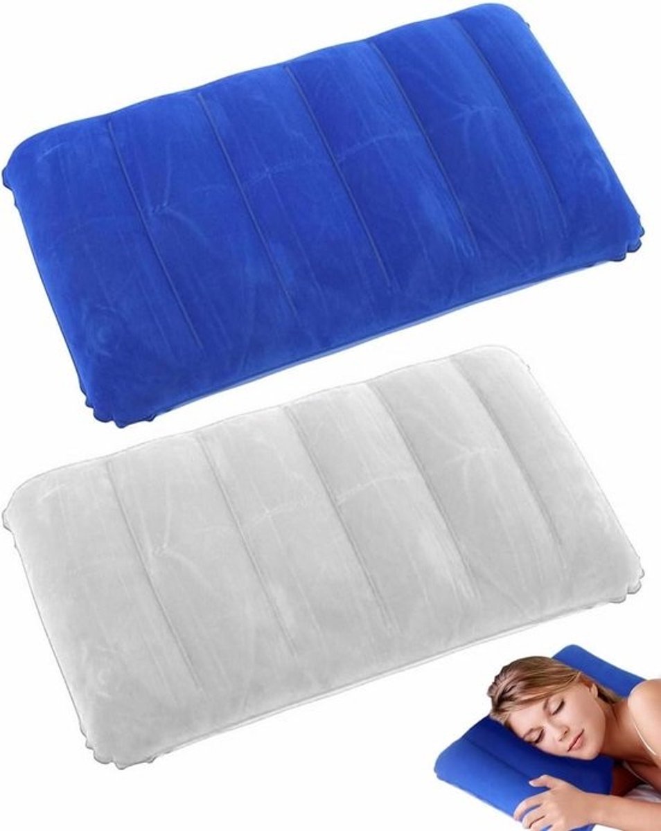 Opblaasbaar Kussen - Reiskussen Slaapkussen - Kamperen en Reizen - Ergonomisch Gebogen Ontwerp - 43x27 cm - Blauw