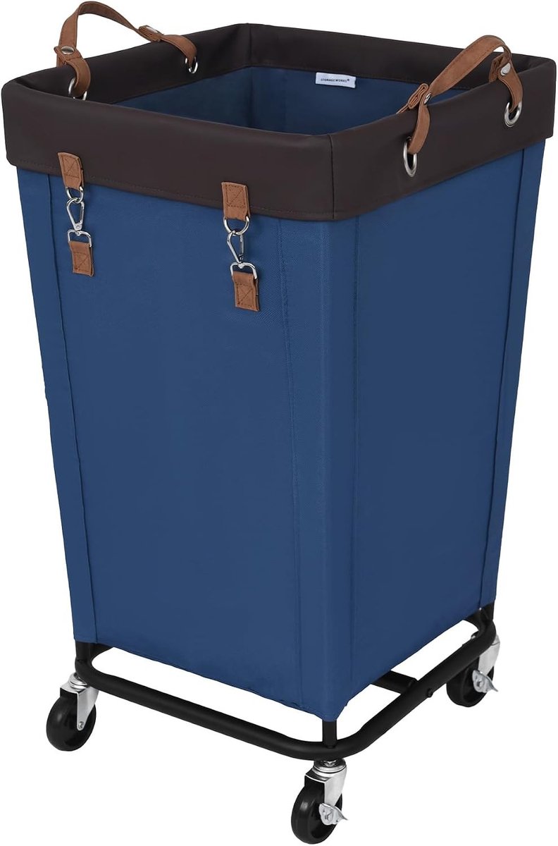 Grote wasmand met wielen van 160L voor het organiseren van kleding, ideaal voor thuis, hotels en studentenkamers, handige rollende wascollector in blauw