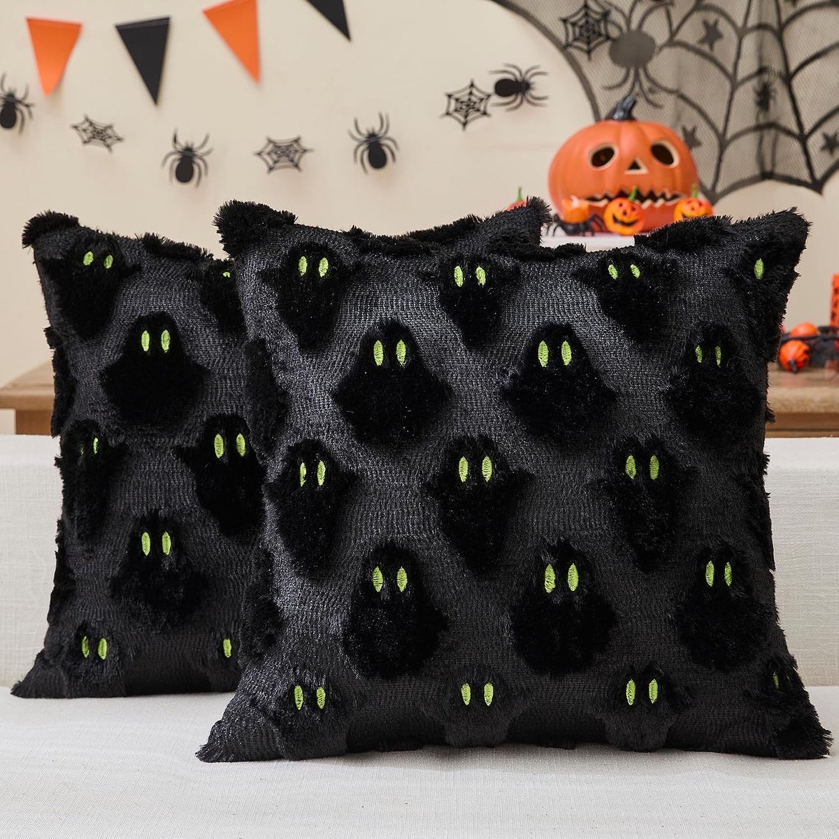 KZQ 2 Stuks Halloween Kussenslopen 45x45 cm met Grappige Spookprint voor Herfstdecoratie, Binnen en Beddengoed-Zwart