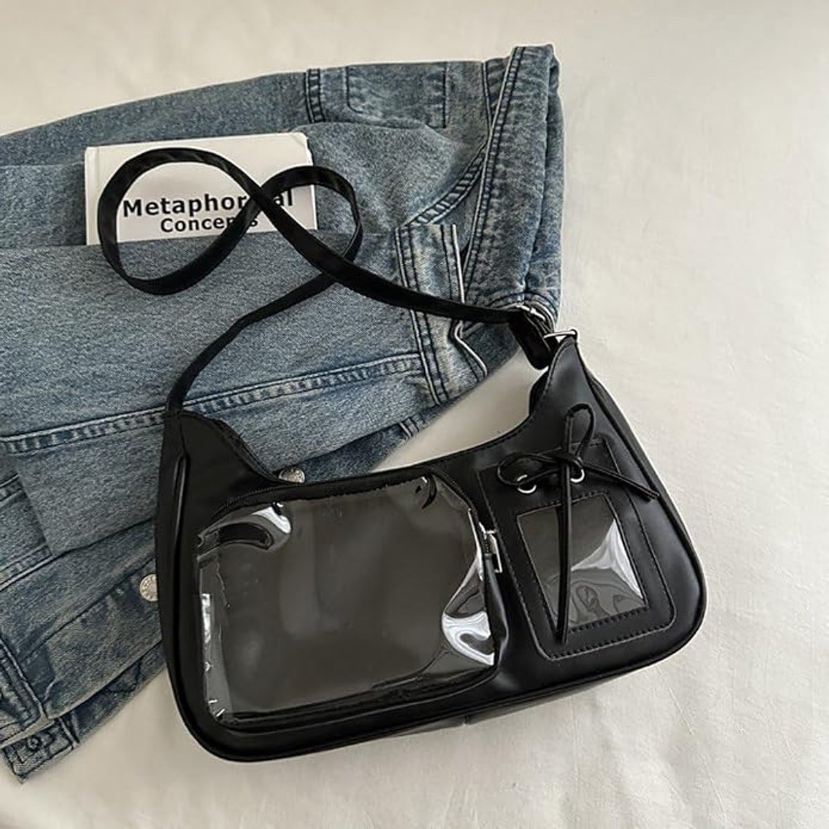 KZQ Zwarte Japanse Ita Bag Met Badgevenster – Crossbody En Schoudertas Voor Dames En Meisjes