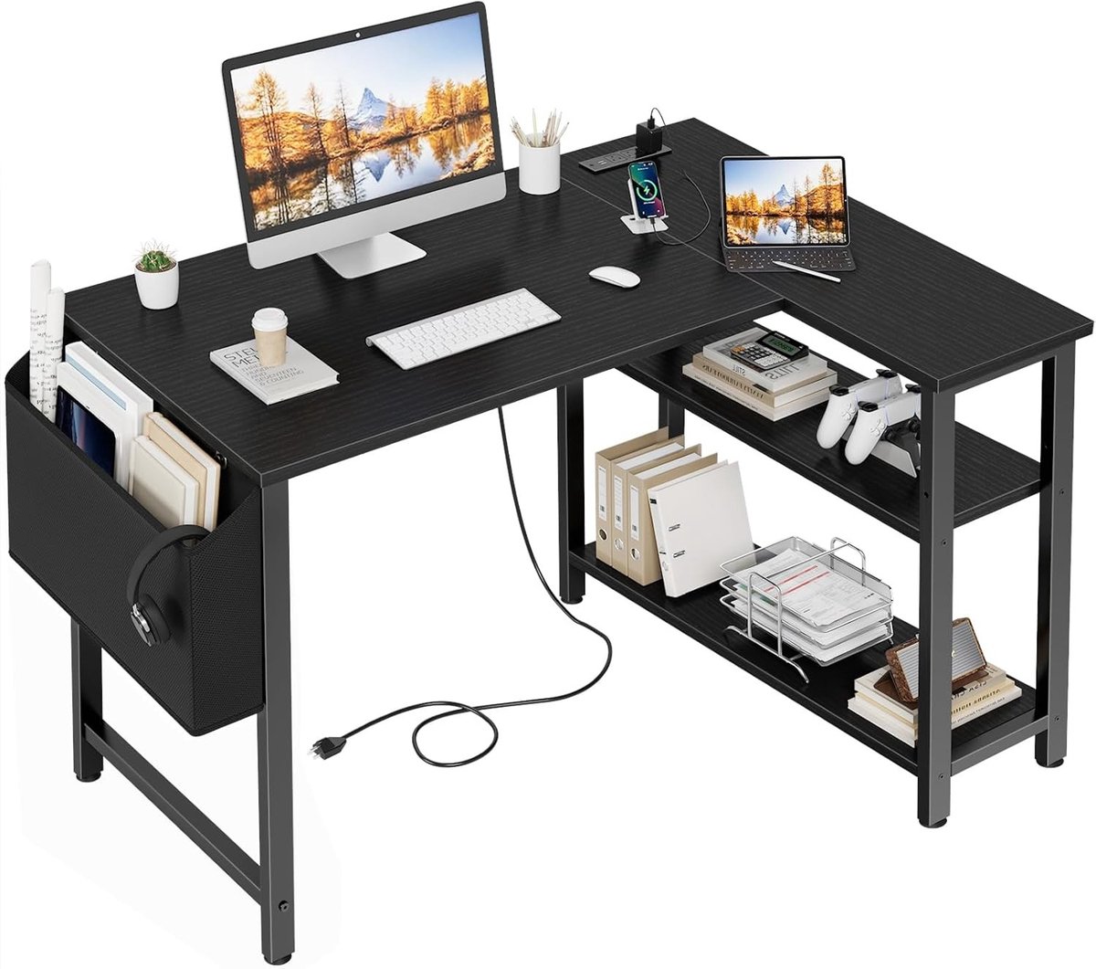 Compacte L-vormige bureau met stopcontact en planken, 102 cm hoekcomputerbureau voor kleine ruimtes, ideaal voor thuiswerk en gamen, zwart