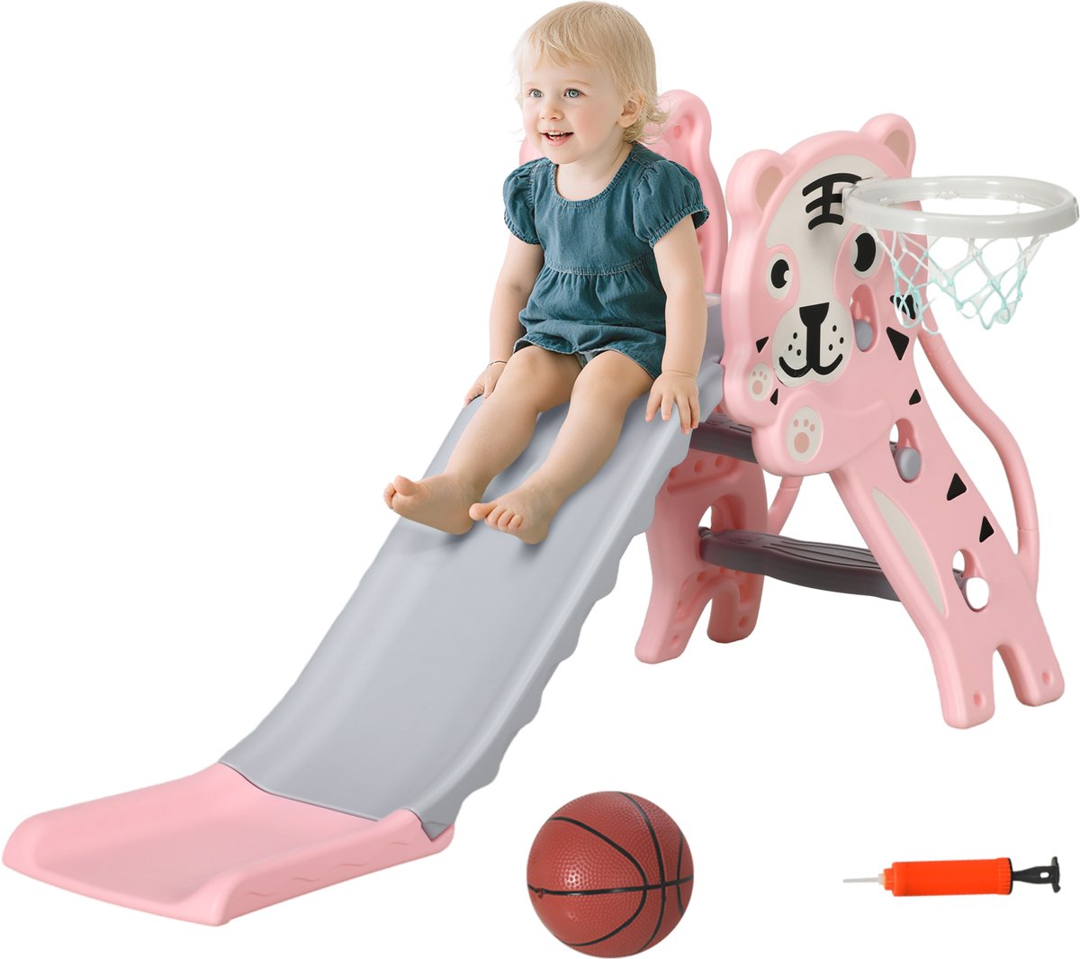 3-in-1-babyglijbaan voor binnen met klimrek - basketbalring en basketbal - voor kinderen van 18 tot 36 maanden – roze