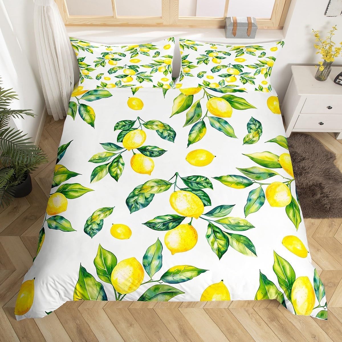Tropische Fruit Duvet Cover met Botanisch Citroenpatroon voor Kinderen - Geel Groene Bedsprei en Slaapkamerdecoratie
