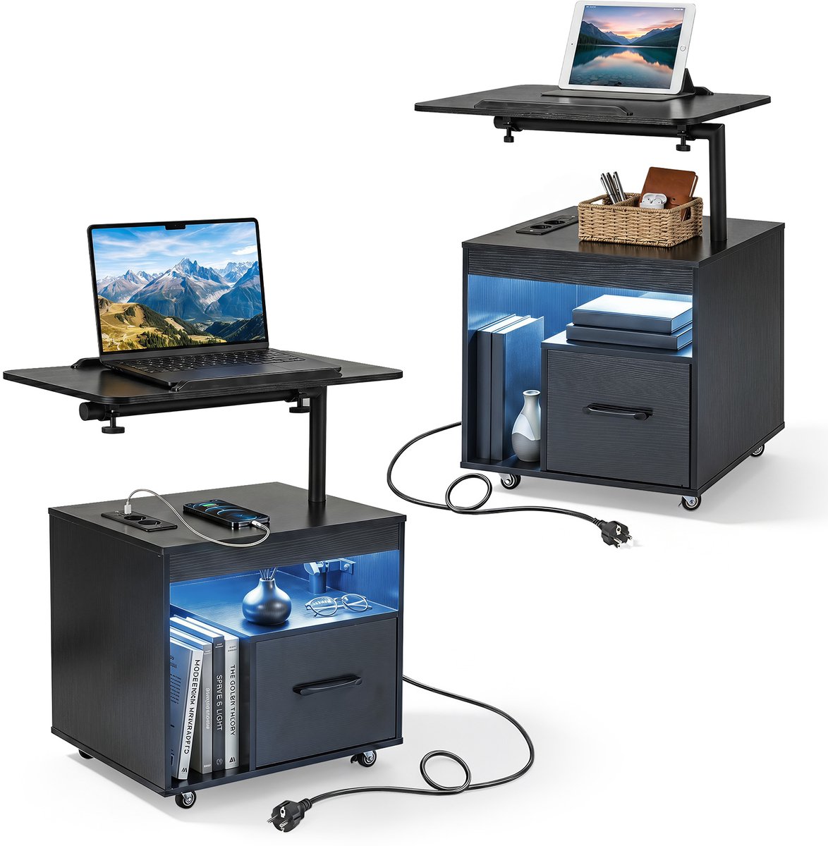 SureDeal® - Nachtkastje - LED - Kantelbaar - Draaibaar Blad Antisliprand - Plank Oplaadstation - 60x40x74 cm - Donkerbruin