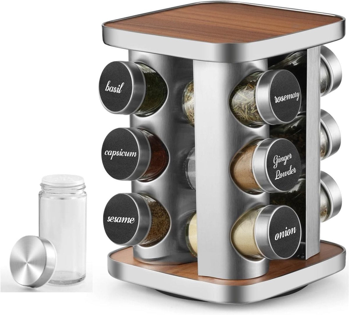 Kruidenopslag voor de Keuken met 12 Stuks 100ml Specerij Jars, 360 Graden Draaibare Kruidhouder, Inclusief Trechter, Labels en Reinigingsborstel
