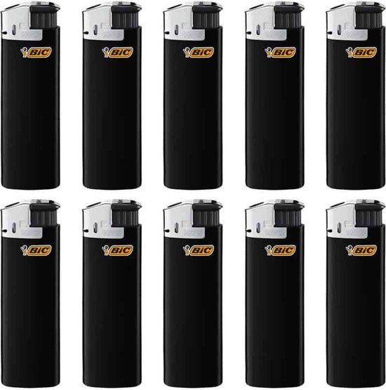 Dix briquets électroniques BIC Maxi J38 noirs avec logos BIC jaunes.