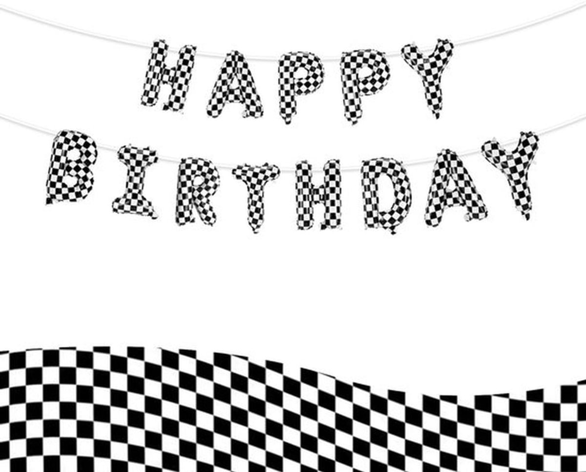 Raceauto Happy Birthday Banner, Geblokte Vlag Banner Zwarte Raceauto's Verjaardagsdecoraties voor Thema Verjaardagsfeestbenodigdheden