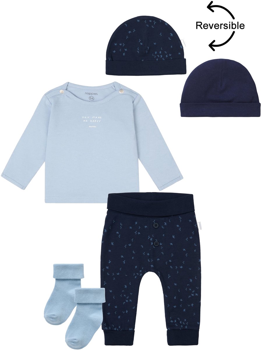 Noppies - Kledingset - 4 delig - Broek Nicea Donkerblauw - Shirt Neisse Lichtblauw - Muts Navar - 1 paar sokjes - Maat 56