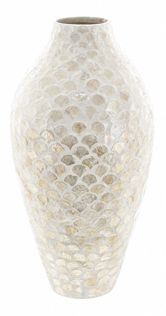 Sello! grote decoratieve vaas – vloervaas – droogbloemen – natuurlijke materialen – capiz schelpen – waaierpatroon – bamboe – 50cm