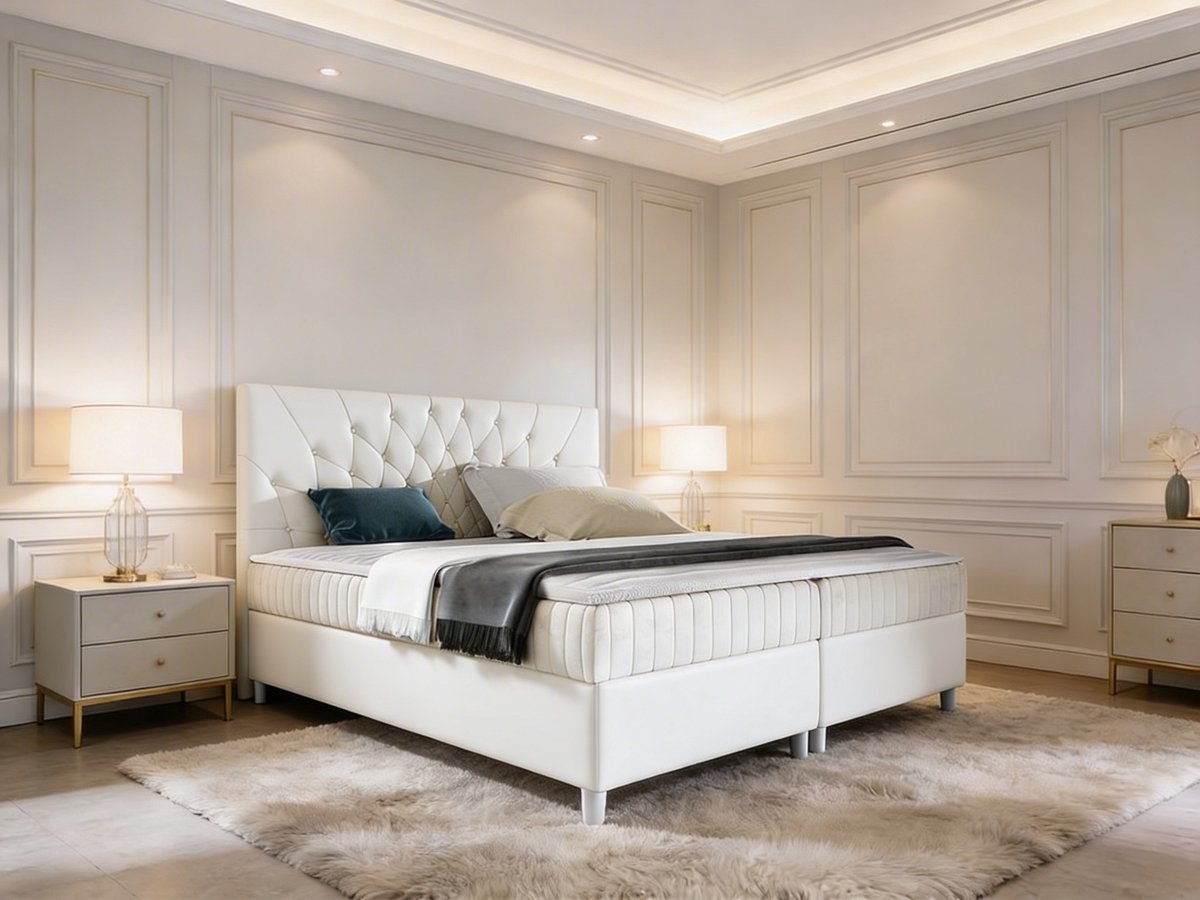 Caventino Boxspring White – Koningstijl – Luxe Witte Boxspring – Elegant Design Bed – Comfortabel Hotelbed