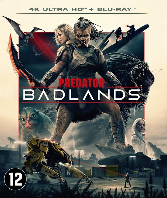 4K Ultra HD Blu-ray Predator Badlands poster met Predator, Naru, en een monster in een post-apocalyptische wereld met een robot en een 12-rating.