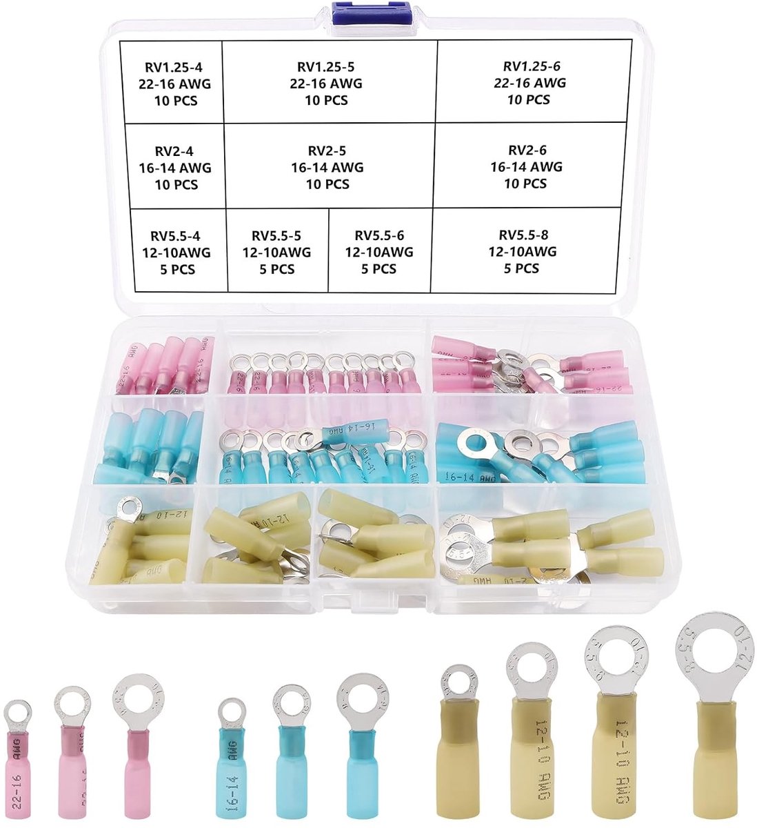 Complete Set van 80 Stuks Crimp Ring Connectoren voor Marine Elektriciteit, Geïsoleerde Draadverbindingen, Geschikt voor 22-10 AWG Draad