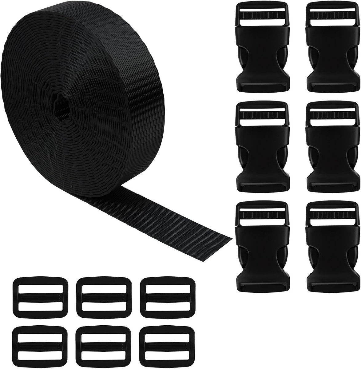 Duurzame 6 meter lange polyester strap met 6 snap buckles en 6 Tri-Glide buckles, breedte 25mm, ideaal voor het repareren van rugzakken, bagage en knutselprojecten