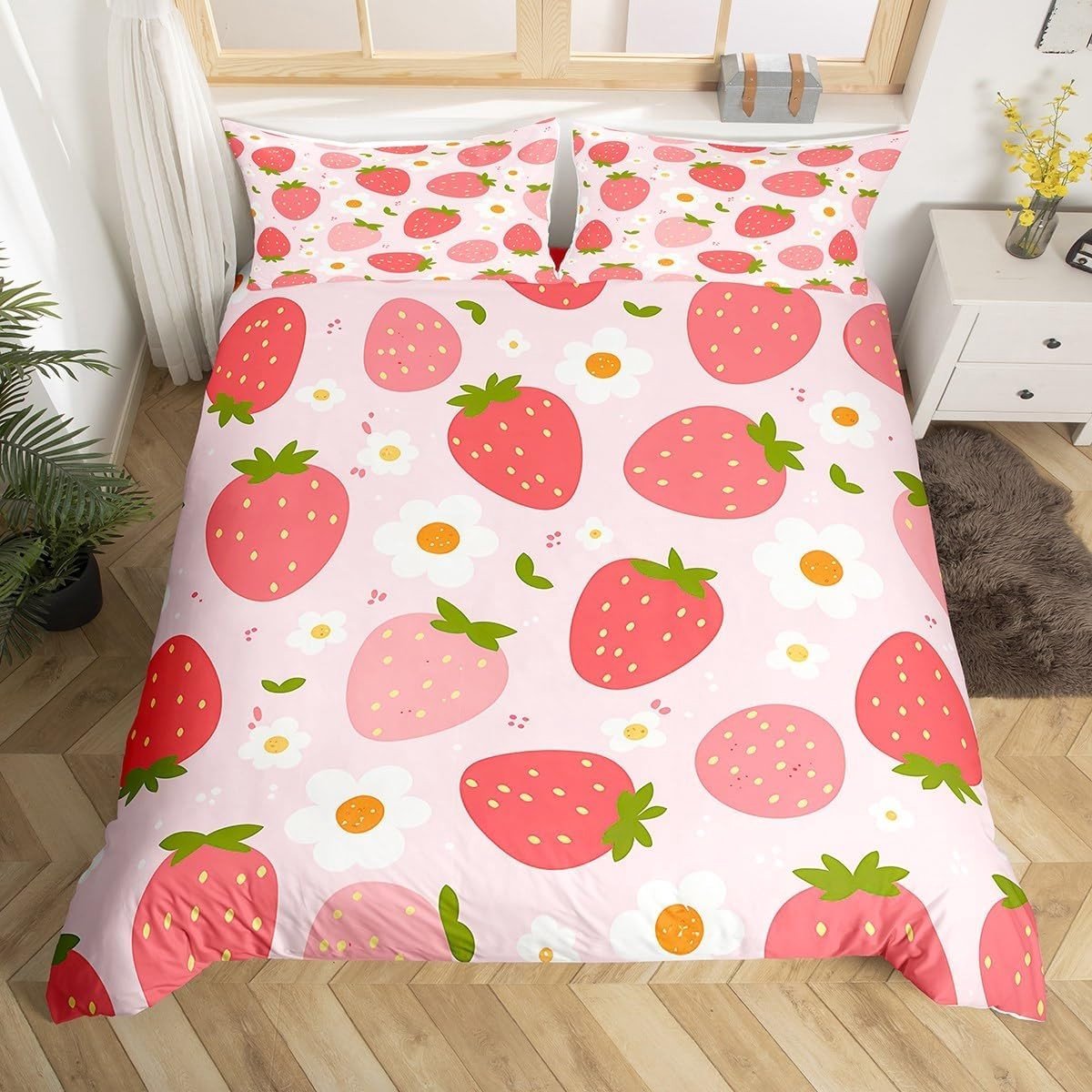 Schattig Aardbeien Beddegoed Set, King Size Dekbedovertrek voor Jongens en Meisjes, Kawaii Bloemen Ontwerp, Zacht en Lichtgewicht Microfiber