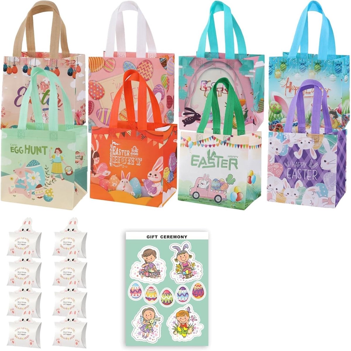 Set van 8 Herbruikbare Paas Geschenkzakken voor Paaseieren Jacht, Inclusief Konijn Kussen en Bloem Stickers - Perfect voor Paasactiviteiten en Cadeaupakketten