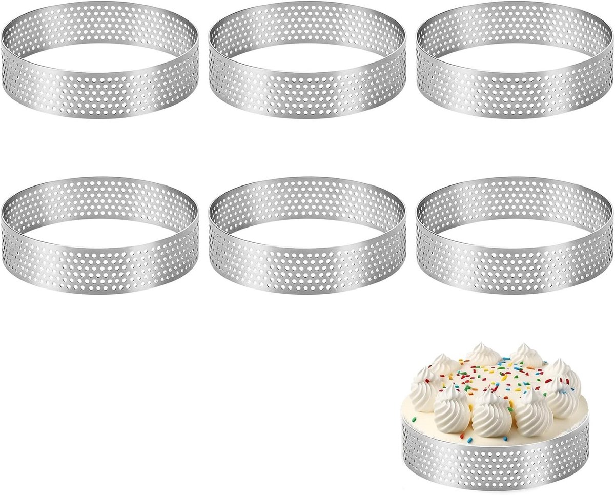 Set van 6 Ronde Dessert Ringen van Roestvrij Staal, Ideaal voor Taarten, Gebak en Mini Pizza's, Perforated Crumpet Ringen met Antiaanbaklaag