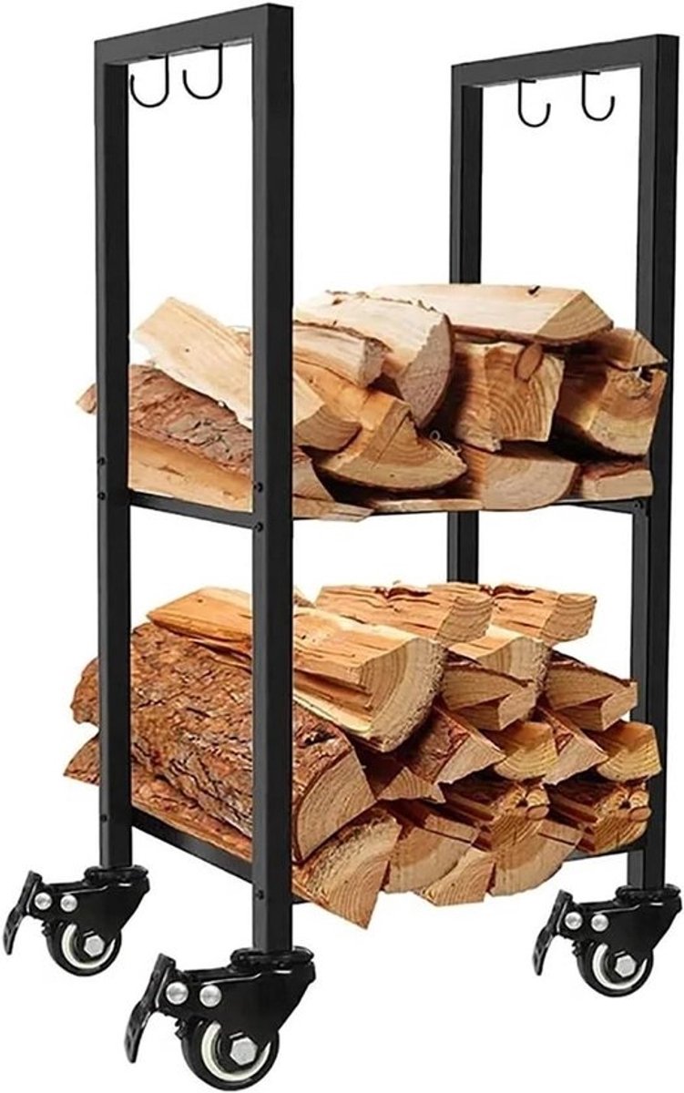 Brandhoutrek - Houtopslag Rek - Open Haard Gebruik - Met Afneembare Wielen - 100 cm - Zwart
