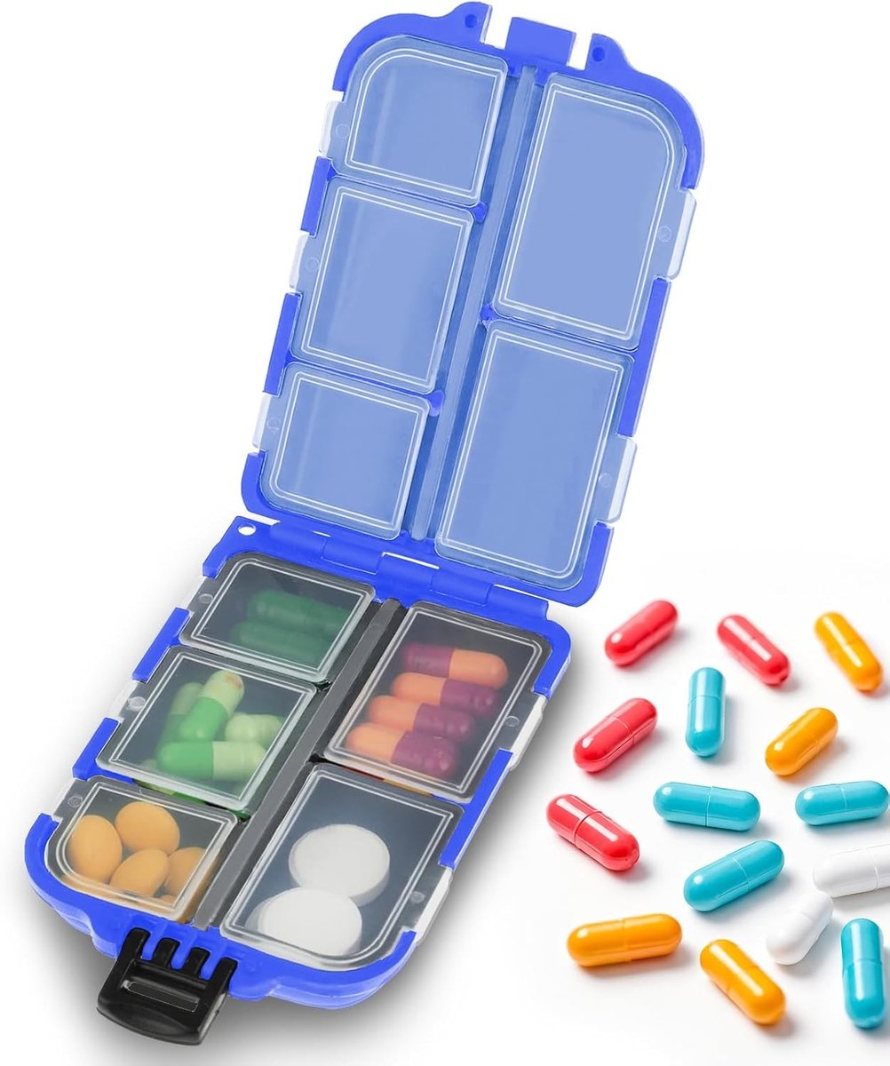 Mini Pillendoos met 10 Compartimenten voor 7 Dagen - Draagbare Reisorganizer voor Vitaminen en Cod Liver Oil (9.5 x 6.5 x 3 cm)
