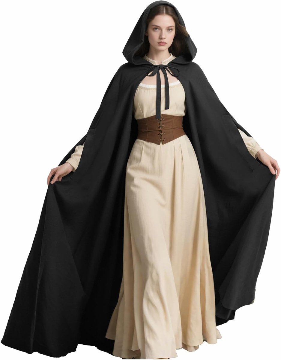 Dames Renaissance Cape met Kap en Mouwen voor Middeleeuwse Halloween Kostuums (Zwart)