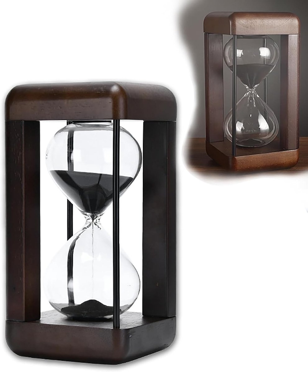 Decoratieve zandloper van walnotenhout - 60 minuten timer voor thuis en kantoor, stijlvolle houten klok met zwart zand, 22 x 11,5 x 11,5 cm, uniek interieuraccessoire en cadeau idee