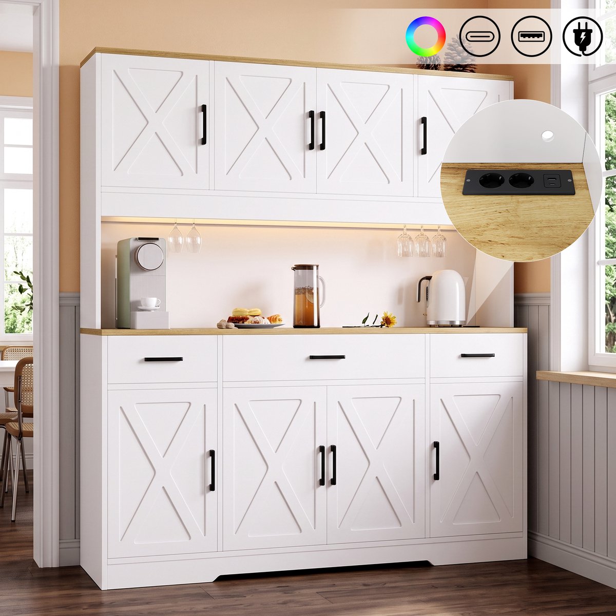 Clruro Dressoir - 150 x 40 x 180 cm - LED en Stopcontact - 2 Wijnglashouders - PB - Wit/Eiken