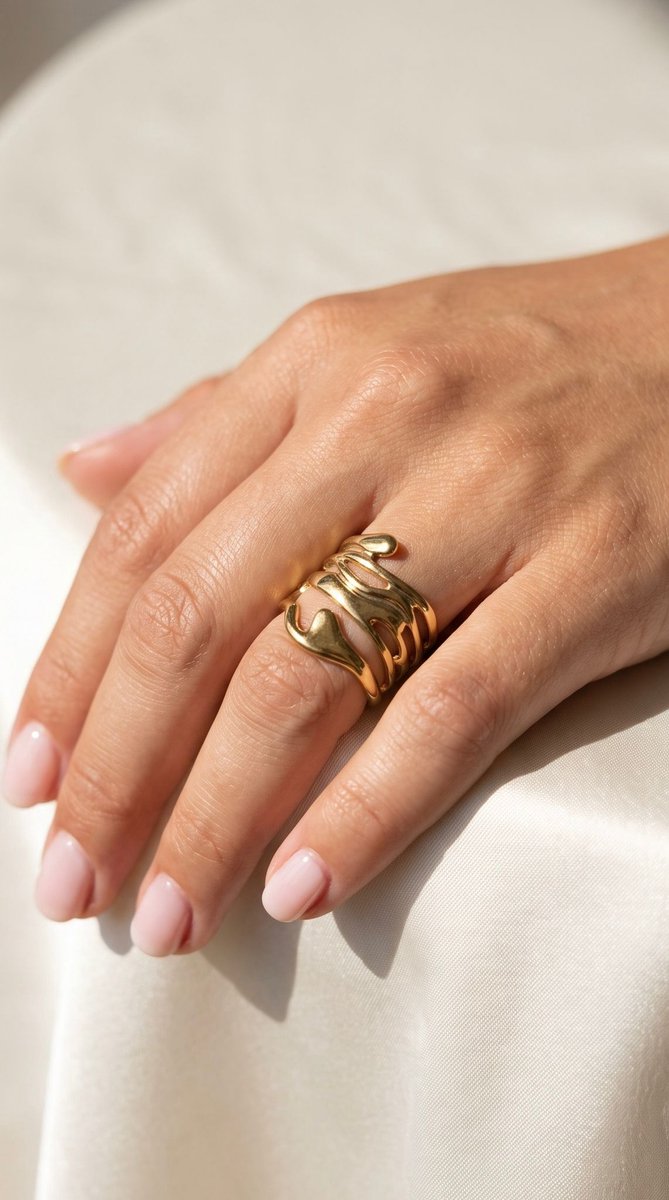 Anelplus Dames Ring – Goudkleurig – Organisch Golvend Design – Brede Statement Ring – Moderne Damesring