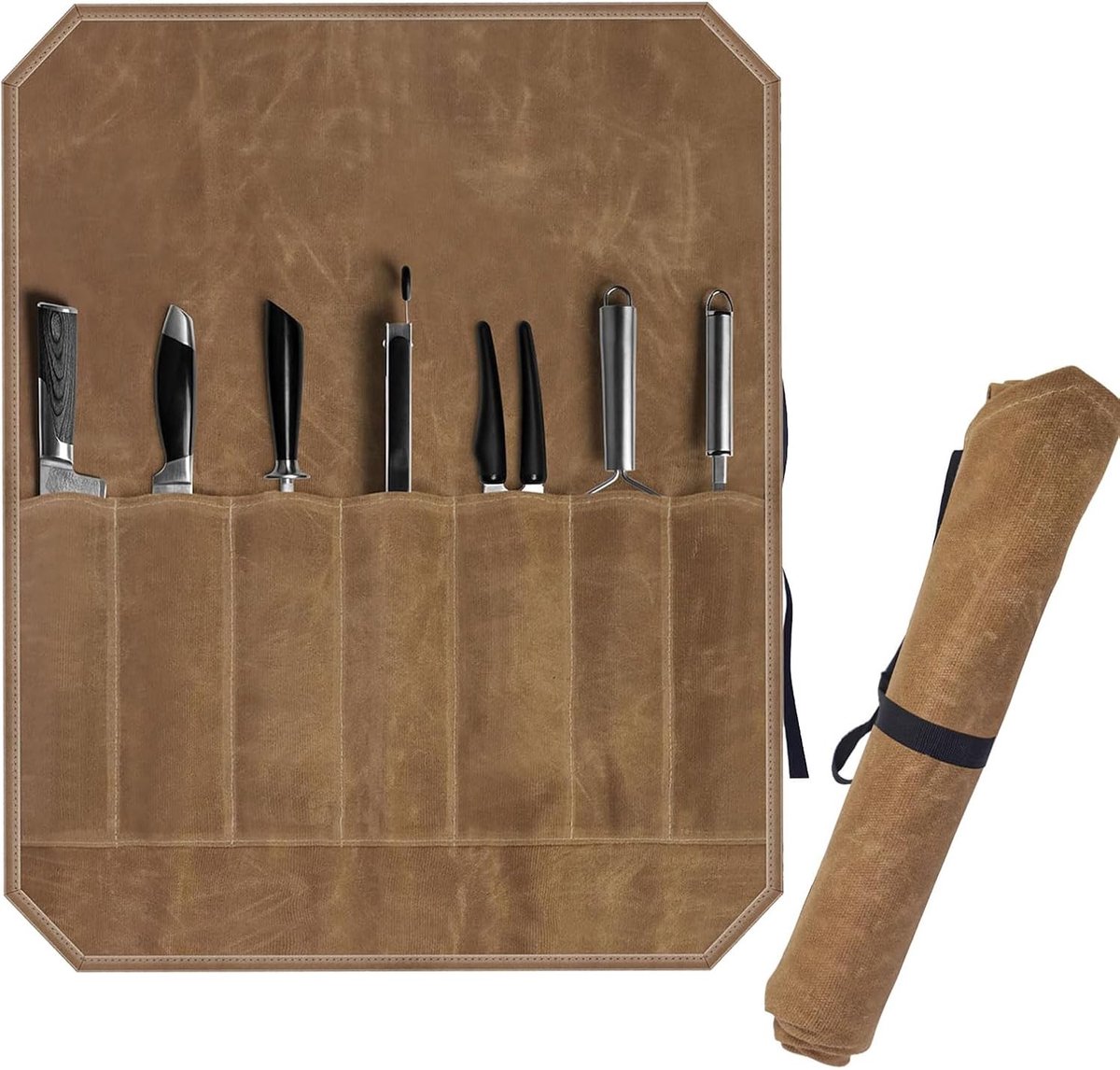 Roltas voor Koksmes met 7 Compartimenten van Waxed Canvas, Waterafstotend en Duurzaam, Ideaal voor Camping, Barbecue en Keukenaccessoires