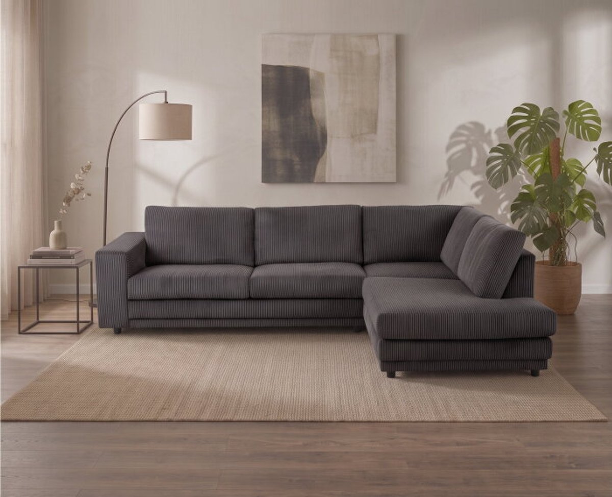 Hoekbank Livaro Antraciet - Zoom 21 Ribstof – Ottomane Rechts – 261x204 cm