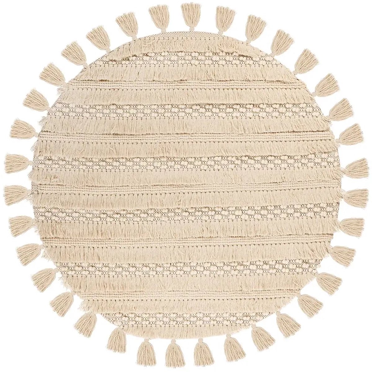 Dutch XXL Rond Wollen Vloerkleed | Tapijt | Bohist | Lijnen | Crème | 160x160 cm