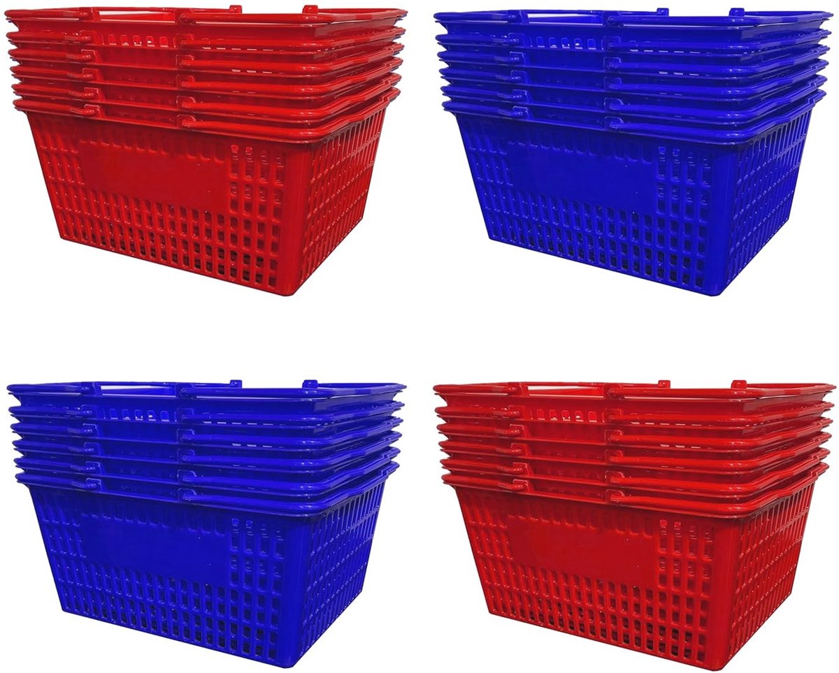 Stapelbare Plastic Boodschappenmanden - Rood en Blauw - 24 Stuks