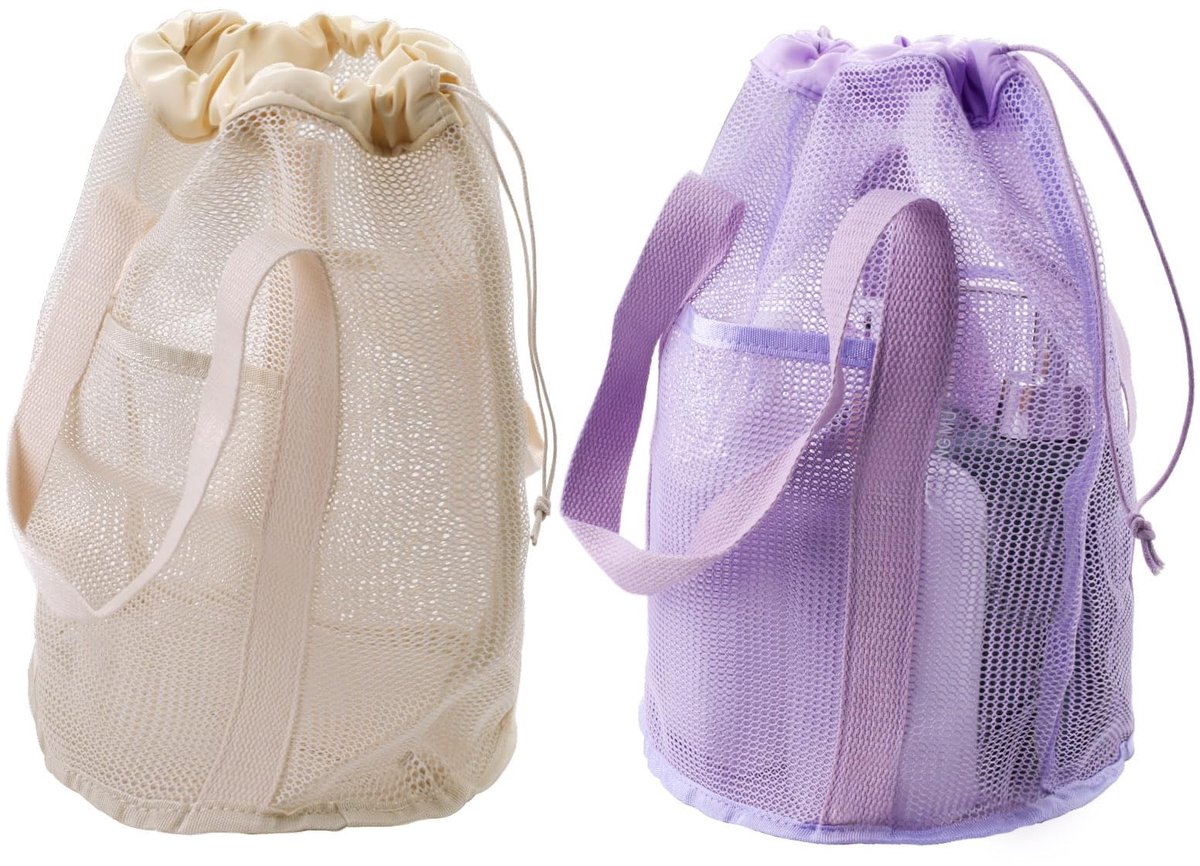 Douchecaddy - Draagbare hangende mesh strandtas - 2 zakken - Paars-wit