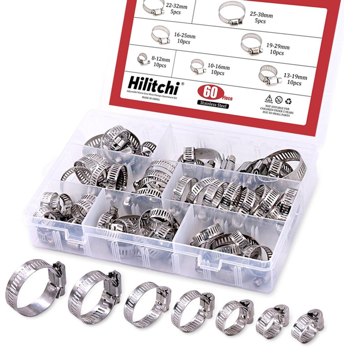 Assortiment Kit van 60 Roestvrijstalen Slangklemmen - Diameter 8-38mm