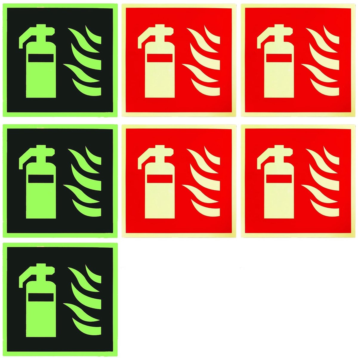 Set van 7 Nachtverlichte Brandblusserborden - Zelfklevend PVC - 15x15 cm