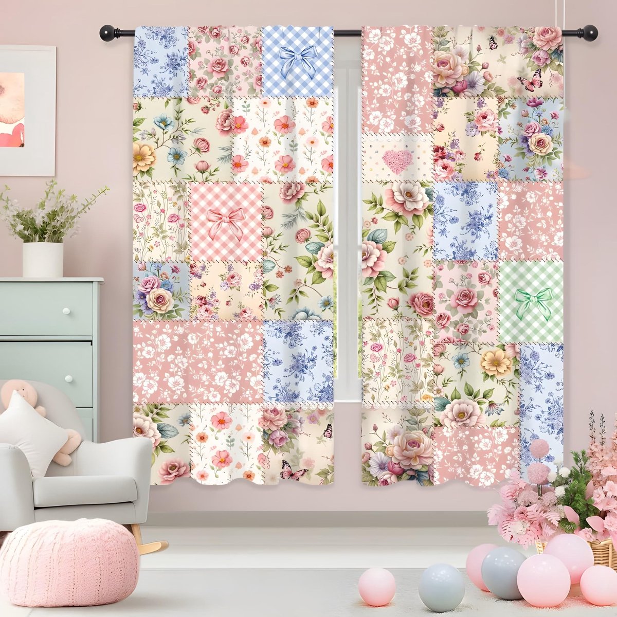 Verduisteringsgordijnen - Boheemse stijl - Roze patchwork - 132 x 182 cm - 2 stuks