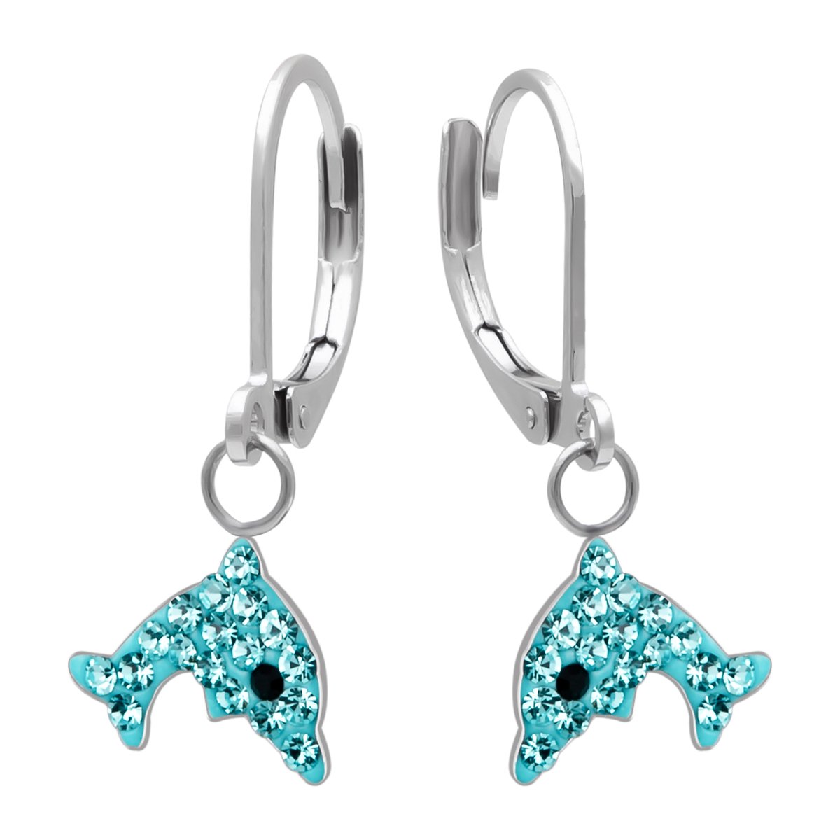 Kinderoorbellen Meisjes Dolfijn - Oorhangers - 316L Chirurgisch Staal - French Hoop Sluiting - Blauwe Kristallen