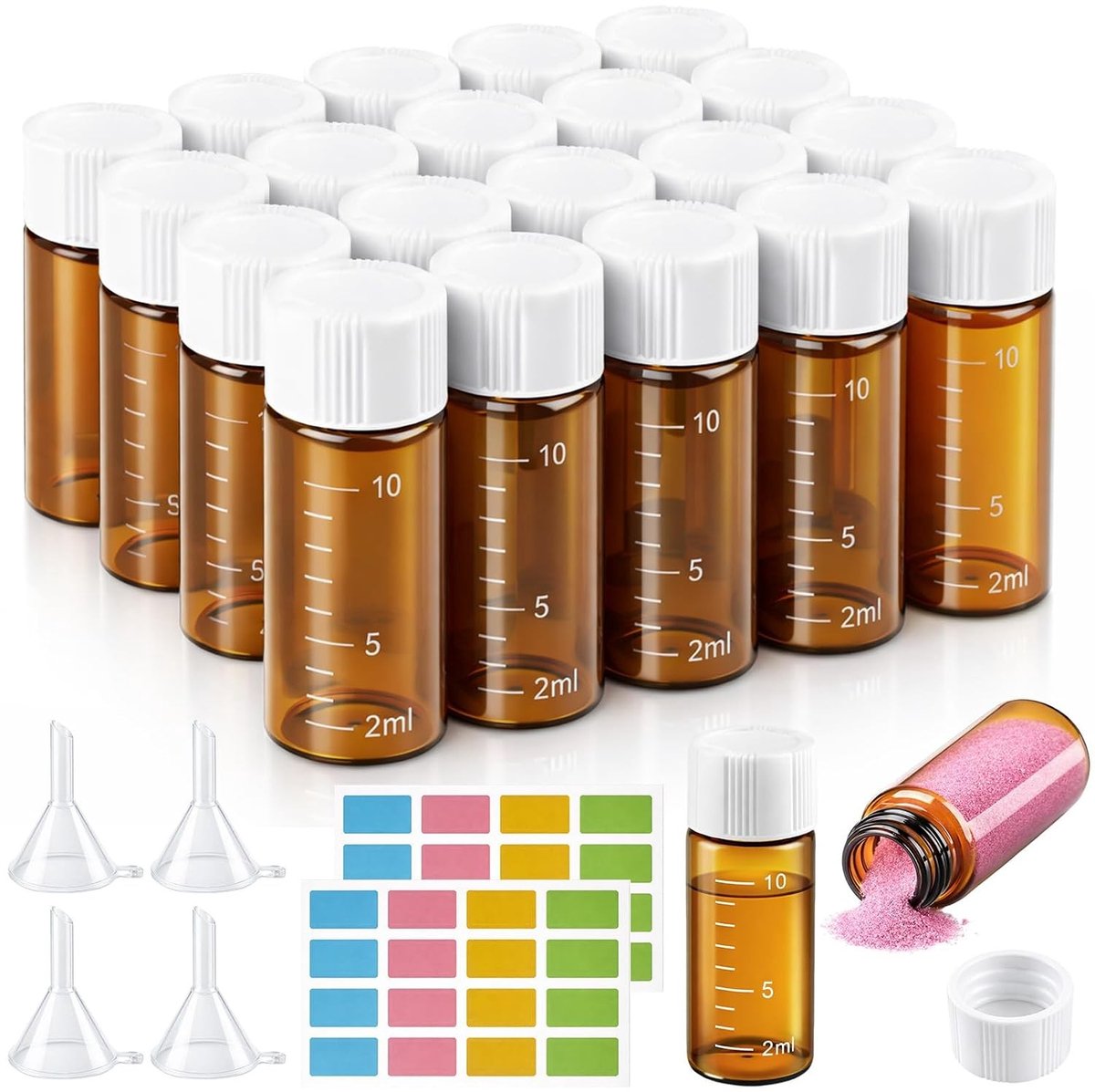 Set van 20 Monsterflesjes 10ml - Kleine Glazen Flessen met Witte Schroefdop, Bruine Monsters, Mini Glazen Flessen met Schaal voor Laboratoriumgebruik en Opslag