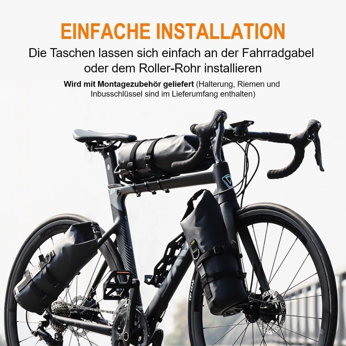 Fietstassen dubbel - Zwart - 5 liter - Waterdichte roltop stuurtas met houder en schouderriem - Voor mountainbike en racefiets