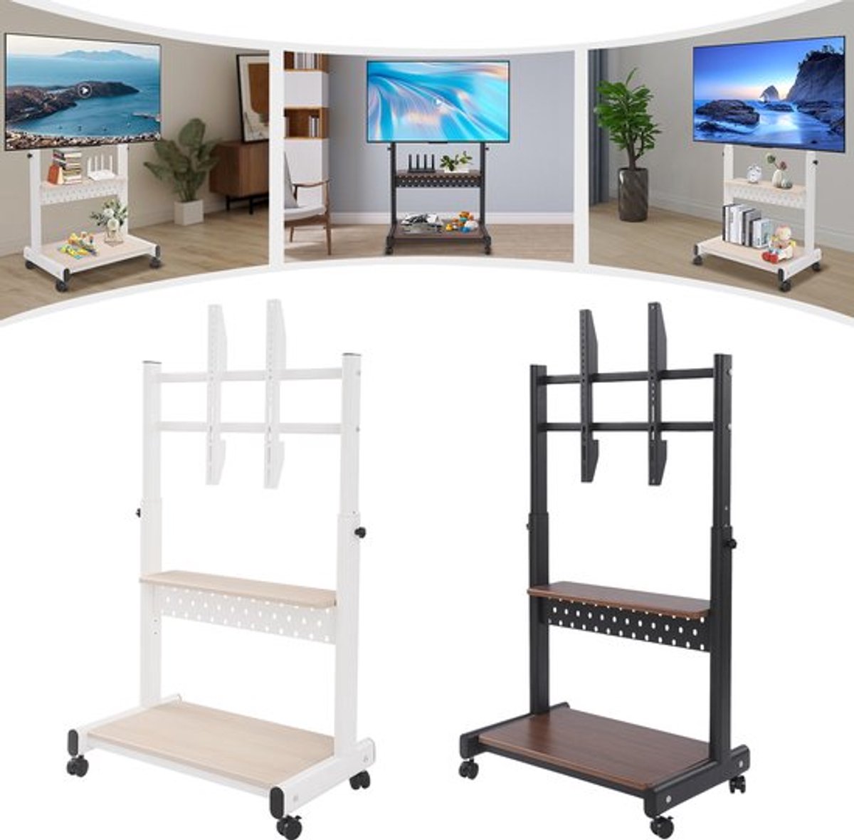 Mobiele Tv-standaard - Zwart - Verstelbare Hoogte - Voor 43-86 Inch Tv - Met Opbergplank - Rollend