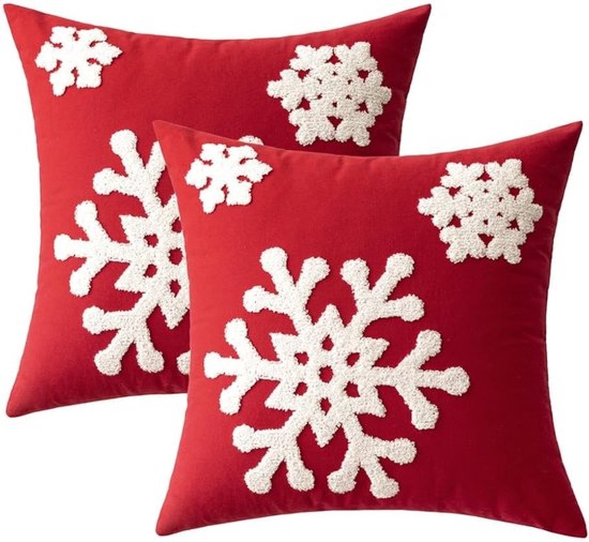 Flintry 2 kerstkussenslopen met sneeuwvlokken en kwastjes, decoratieve kussenhoezen voor kerstfeestjes, bank, bed, woonkamer, 45*45 cm, rode sierkussenhoezen met sneeuwvlokken, kerstdecoratie rood