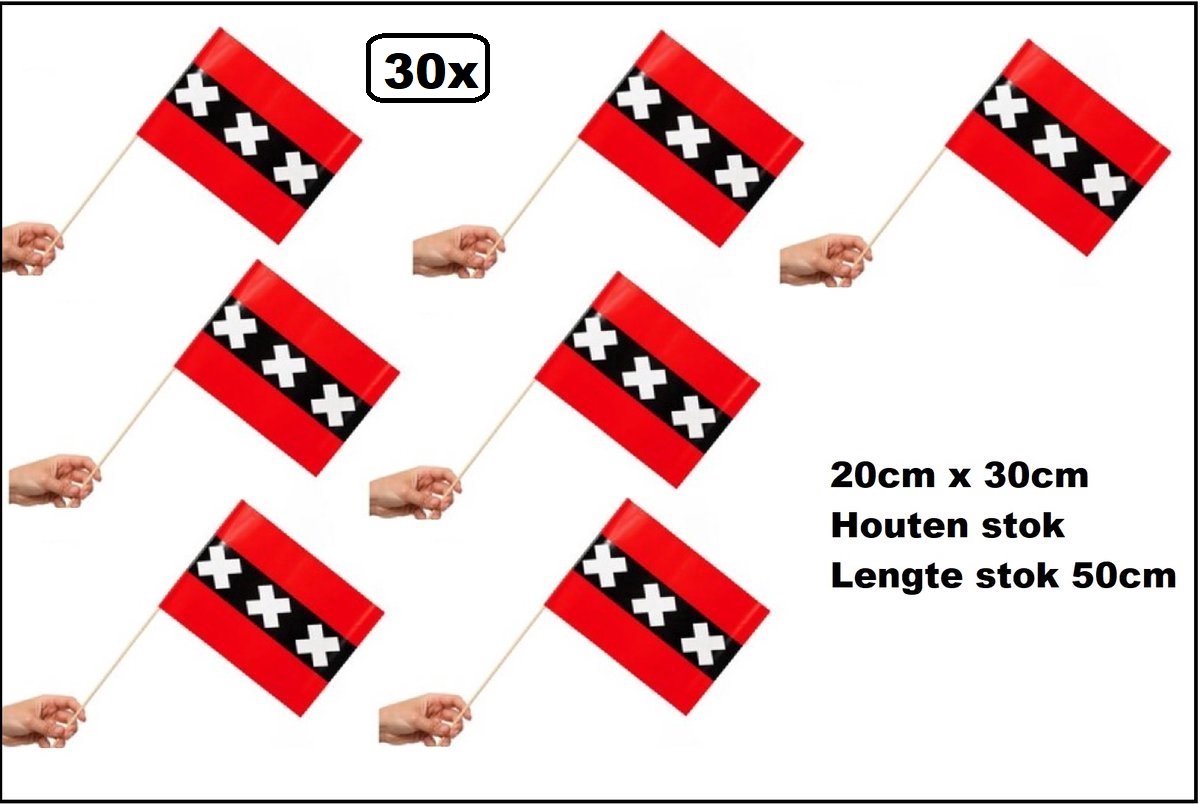 30 stuks Zwaaivlaggetjes op stok Amsterdam 20cm x 30cm - lengte stok 50cm - Zwaai vlaggetjes thema feest voetbal festival hoofdstad 020