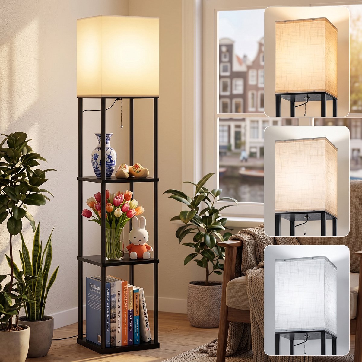 Rosnek Vloerlamp met Planken 160 cm Zwart - Staande Lamp met Opbergruimte - Hoeklamp en Sfeerlamp - Leeslamp met Lampenkap voor Woonkamer, Slaapkamer en Kantoor - Modern Minimalistisch