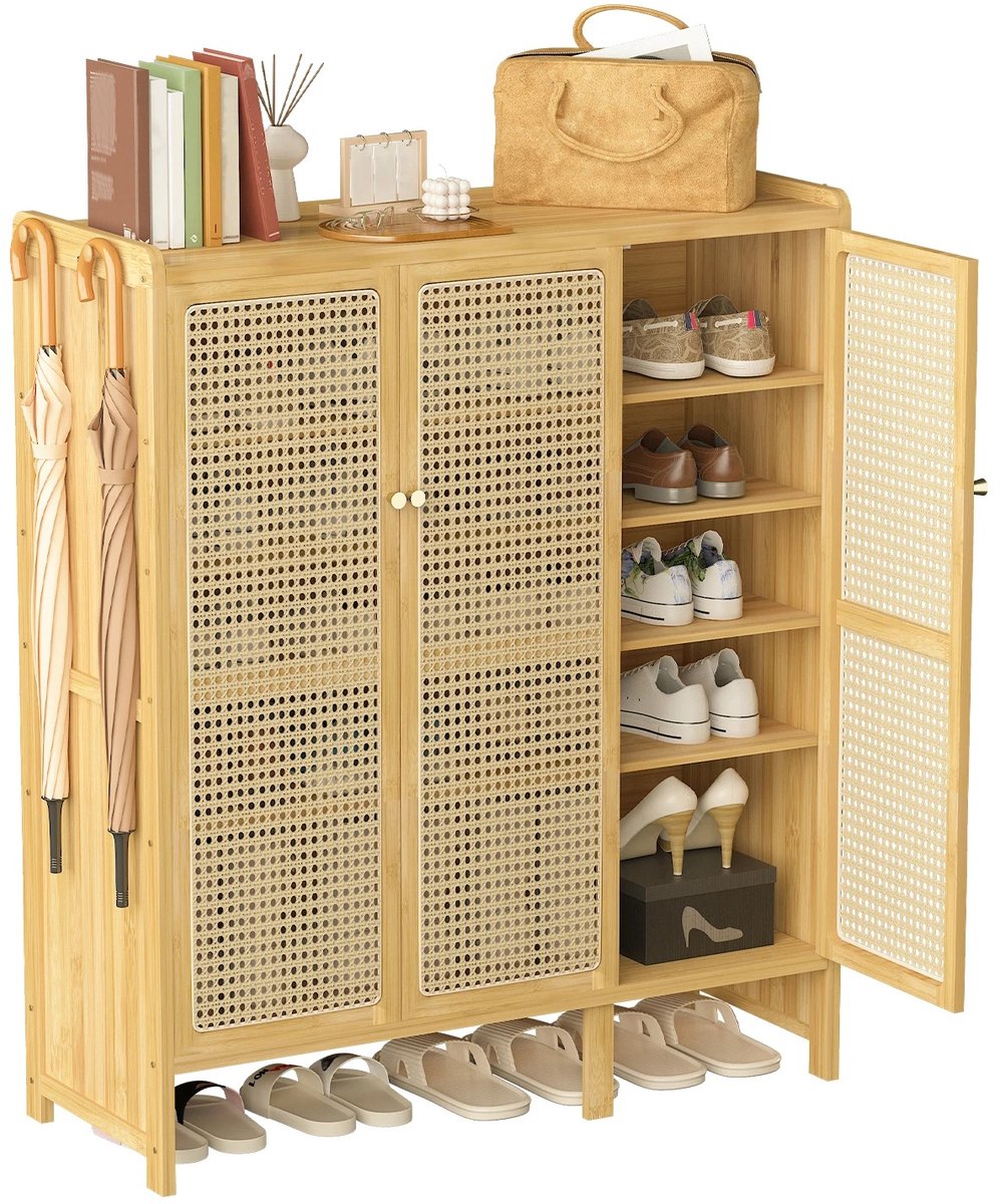 Molhaus Schoenenkast met 5 Lades – Schoenenrek 6 Niveaus – Bamboe – 90,5 x 35 x 107 cm – Wit/Naturel - Koloniale stijl